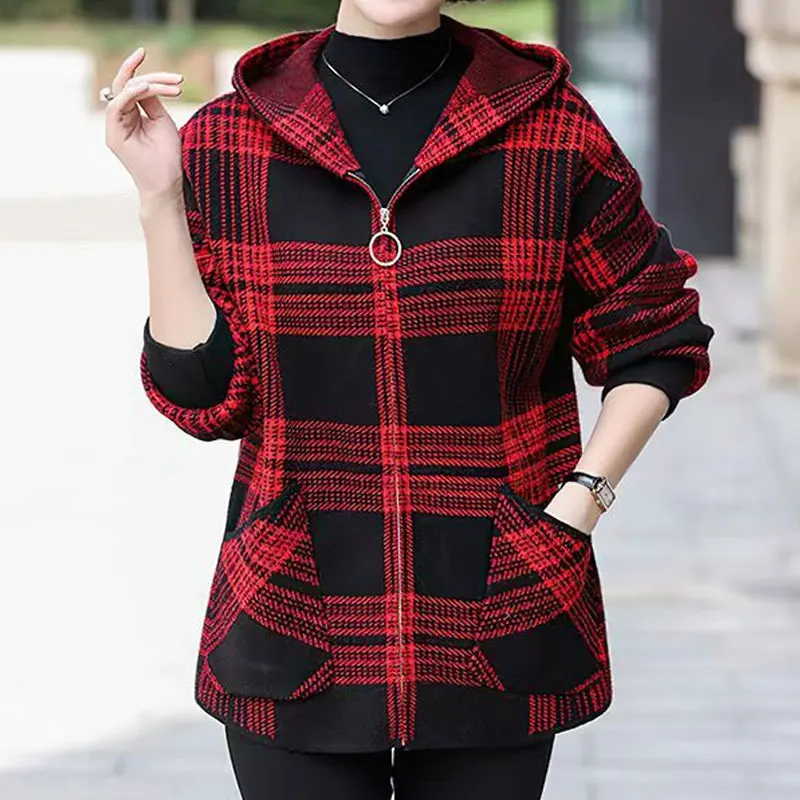 Plaid Zipper Thick Warm Loose Office Lady Simplicity Jackets Vintage Autumn Winter Long Sleeve Patchwork Pocket Women Clothing