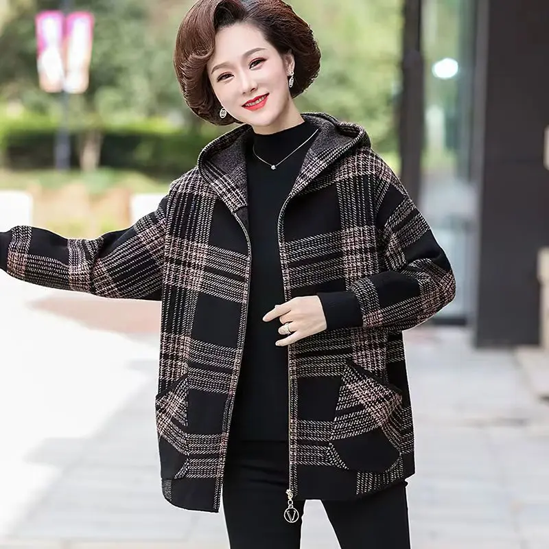 Plaid Zipper Thick Warm Loose Office Lady Simplicity Jackets Vintage Autumn Winter Long Sleeve Patchwork Pocket Women Clothing