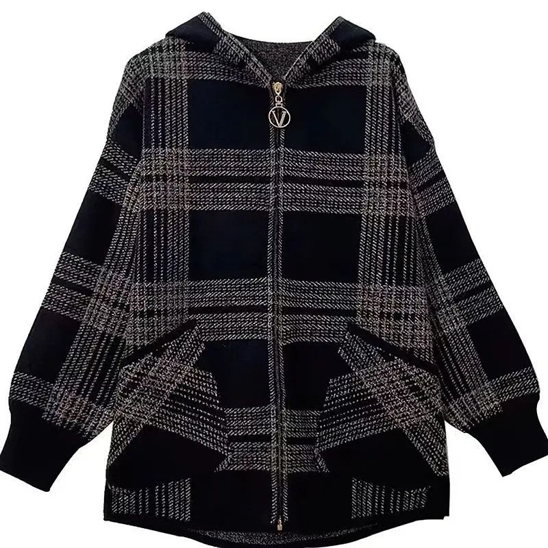 Plaid Zipper Thick Warm Loose Office Lady Simplicity Jackets Vintage Autumn Winter Long Sleeve Patchwork Pocket Women Clothing