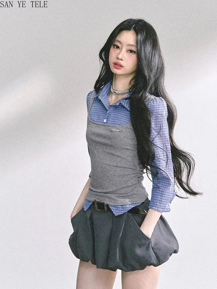 Fake Two-piece Patchwork Checkered Shirt+flower Bud Skirt Two-piece Set Women Fall 2025 Long Sleeve Fashion Cute Preppy Style