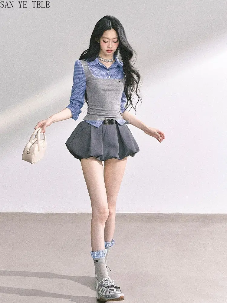 Fake Two-piece Patchwork Checkered Shirt+flower Bud Skirt Two-piece Set Women Fall 2025 Long Sleeve Fashion Cute Preppy Style