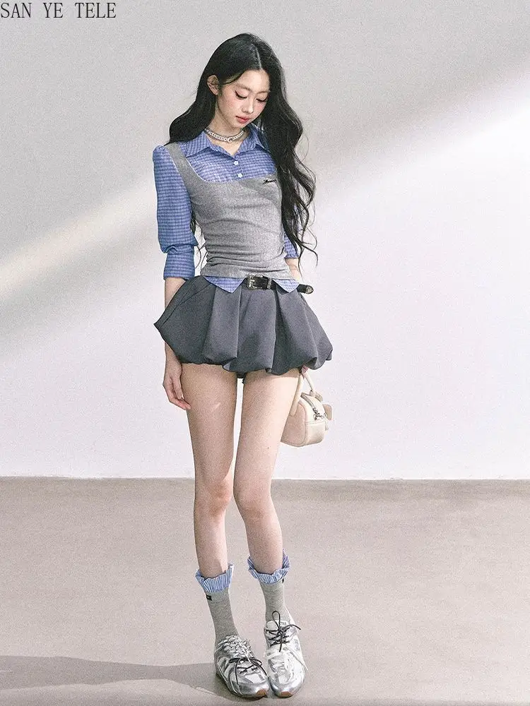 Fake Two-piece Patchwork Checkered Shirt+flower Bud Skirt Two-piece Set Women Fall 2025 Long Sleeve Fashion Cute Preppy Style