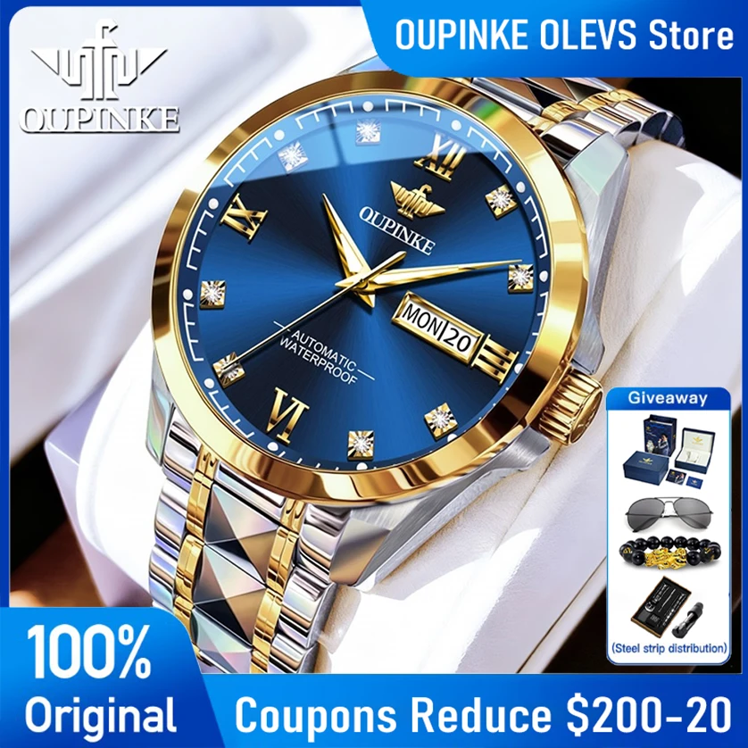 OUPINKE Mens Watch 3262 Luxury Top Brand Tungsten Steel Automatic Mechanical Watch 50M Waterproof Week Date Watches For Man