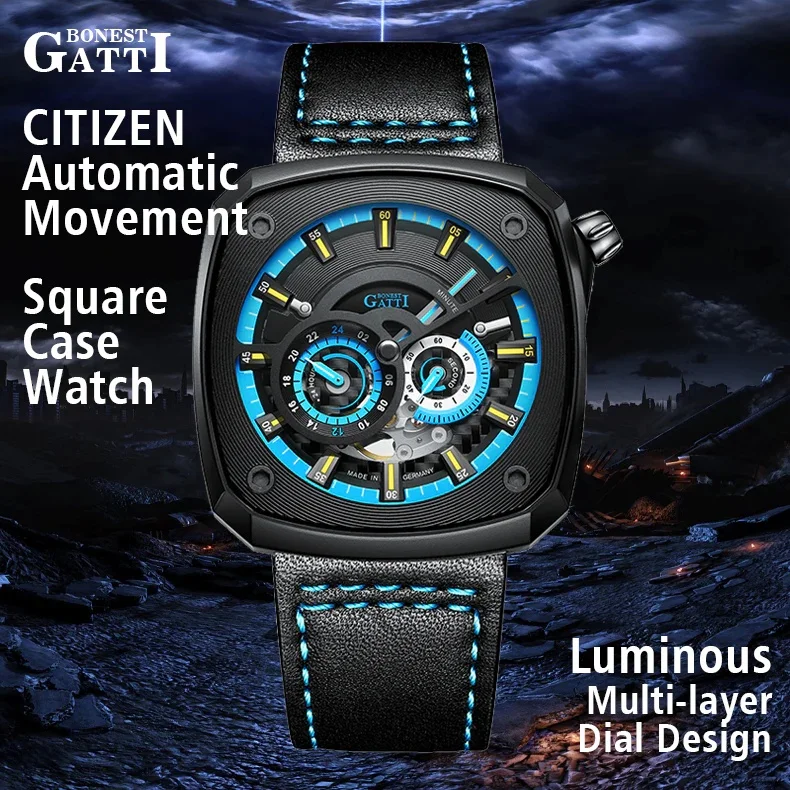 BONEST GATTI 2025 New Men Automatic Watch Luxury Watches Fashion Mechanical Wristwatch 50M Waterproof Sapphire Luminous Skeleton