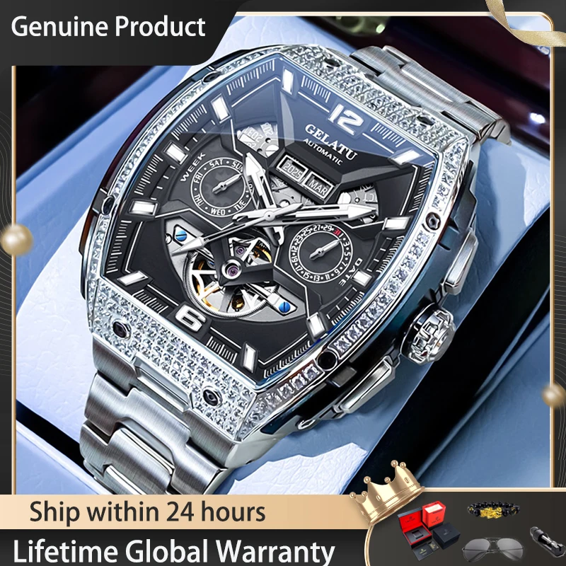 GELATU Luxury Mens Watch Original Skeleton Automatic Mechanical Watch﻿ 50M Waterproof Stainless Steel Watches For Men Gift 6016