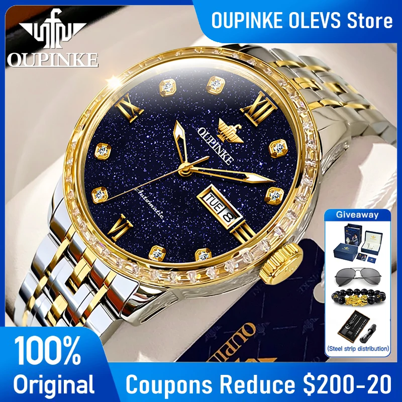 OUPINKE 3241 Luxury Watches For Man Automatic Mechanical Watch 50M Waterproof Luminous Week Date Watch Starry Sky Dial Reloj
