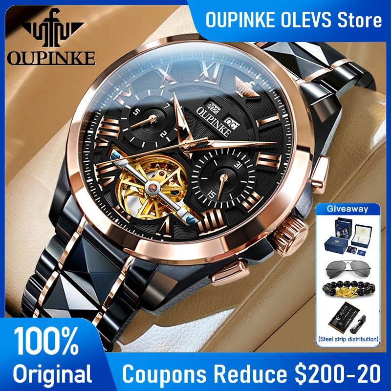 OUPINKE 3236 Original Luxury Mens Watch Tourbillon Automatic Mechanical Watch﻿ 50M Waterproof Multifunctional Chronograph Watch