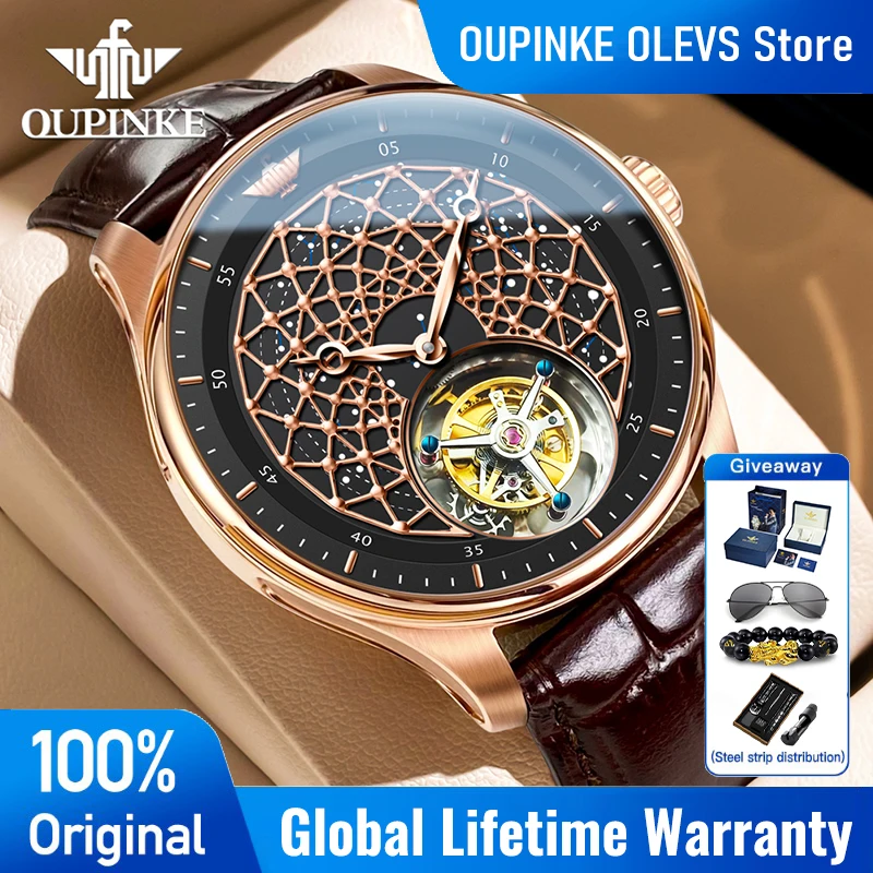 OUPINKE Luxury Mens Watch Tourbillon Fully Automatic Mechanical Watch 50M Waterproof Sapphire Mirror Watches For Man Gift 8002