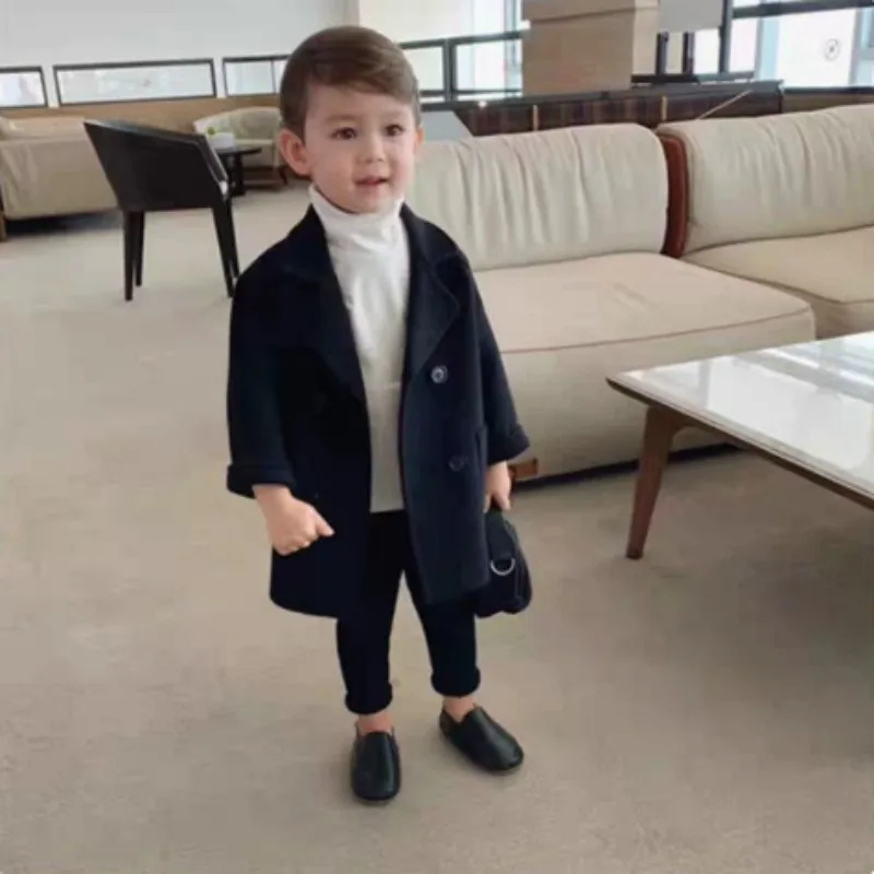 New Winter Grid Jackets Boys Girl Woolen Double-breasted Baby Boy Trench Coat Lapel Autumn Kids Outerwear
