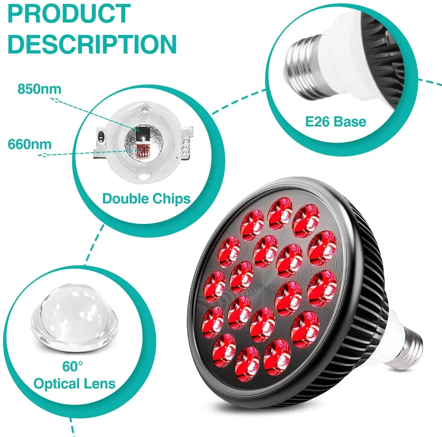 54W Red Light Therapy Device ,Infrared Light Therapy Lamp Bulb ,660nm 850nm, NIR Phototherapy Device for Skin and Pain Relief