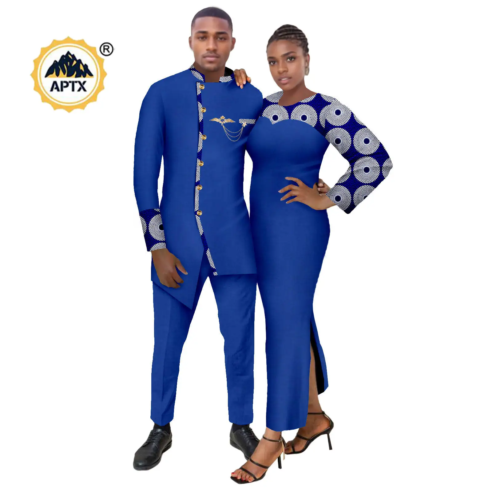 African Dresses for Women Matching Couple Outfits African Clothes Dashiki Formal Men Suits Brooch Jackets and Pant Sets 25C003