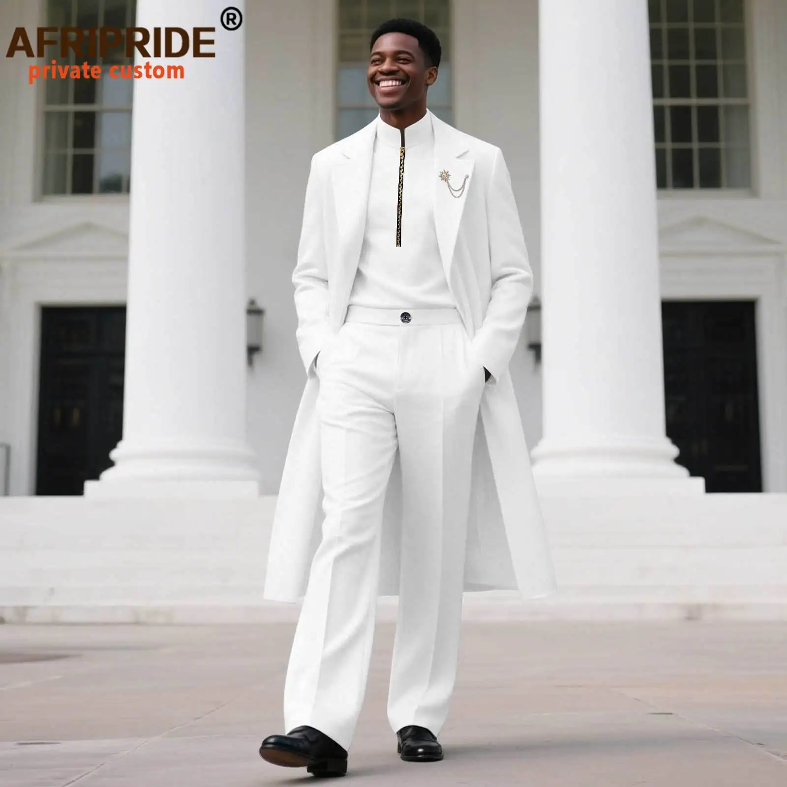 African Clothing for Men Brooch Coats Zip Shirts and Trourers 3 Piece Set Dashiki Outfits Fomral Wear for Wedding 2516081