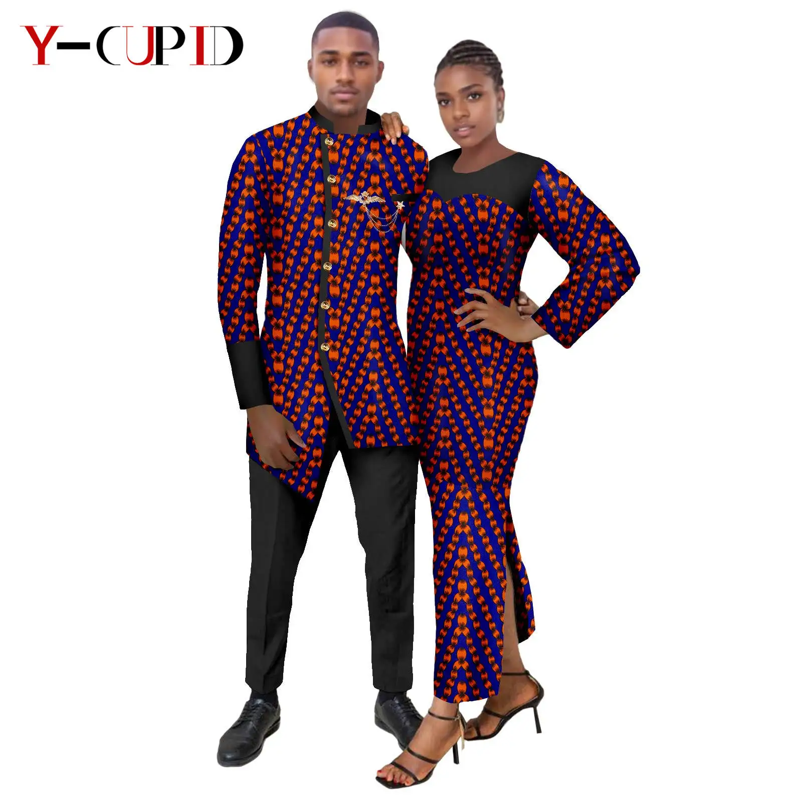 African Print Dresses for Women Matching Couple Clothes Men Outfits Dashiki Brooch Jacket and Pant Sets Party Wedding 25C003