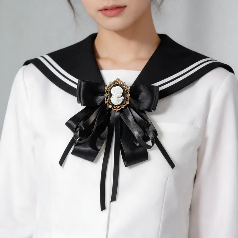 College Style Pearl Women's Brooch with Bow Ribbon Vintage JK Shirt Dress Daily Professional Neck Tie Handmade Gift Accessory