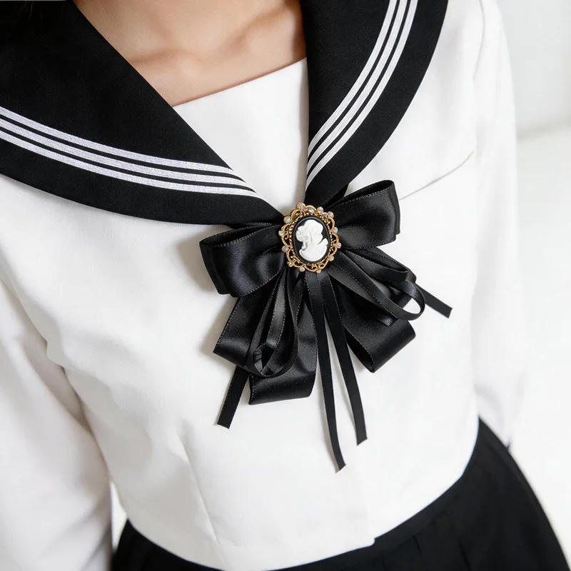 College Style Pearl Women's Brooch with Bow Ribbon Vintage JK Shirt Dress Daily Professional Neck Tie Handmade Gift Accessory