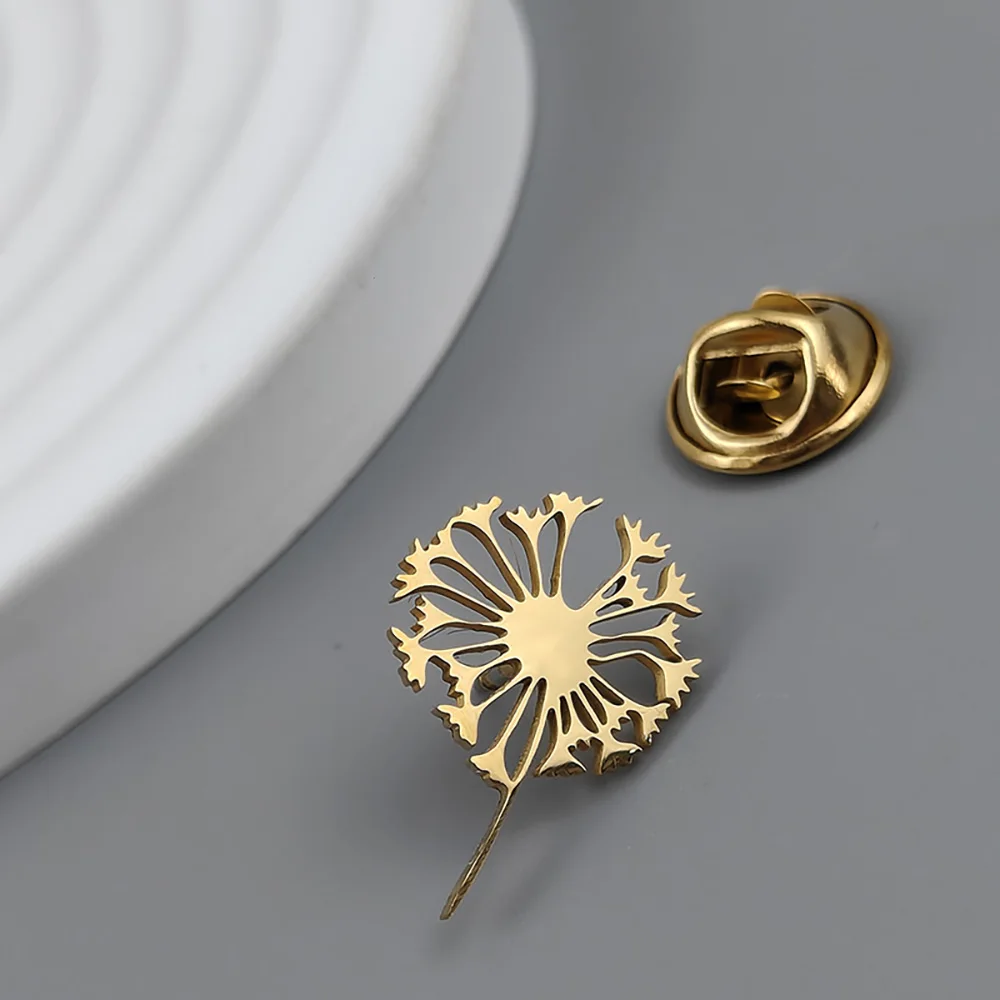 Dandelion gold-plated stainless steel badge, suit collar brooch, silver black lapel pin, men's dress accessories