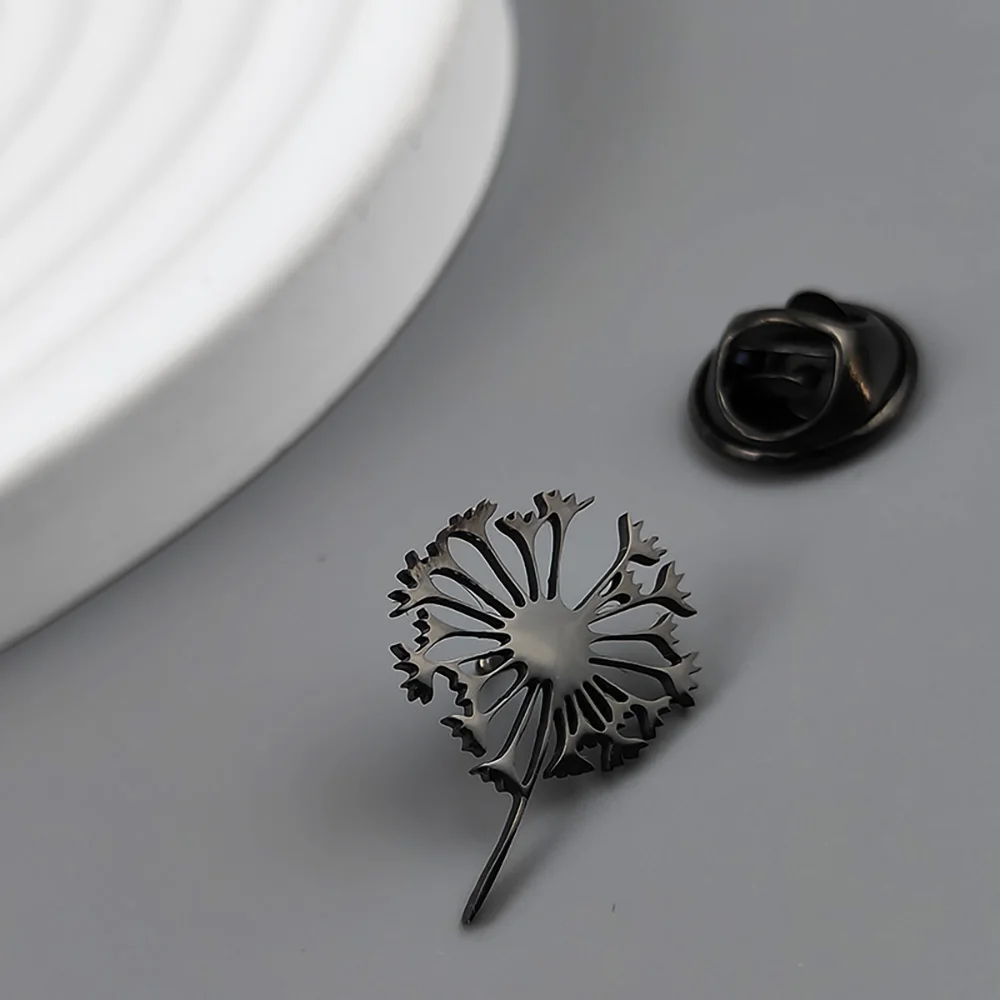 Dandelion gold-plated stainless steel badge, suit collar brooch, silver black lapel pin, men's dress accessories