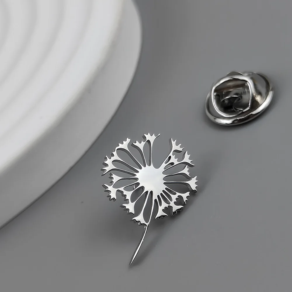 Dandelion gold-plated stainless steel badge, suit collar brooch, silver black lapel pin, men's dress accessories