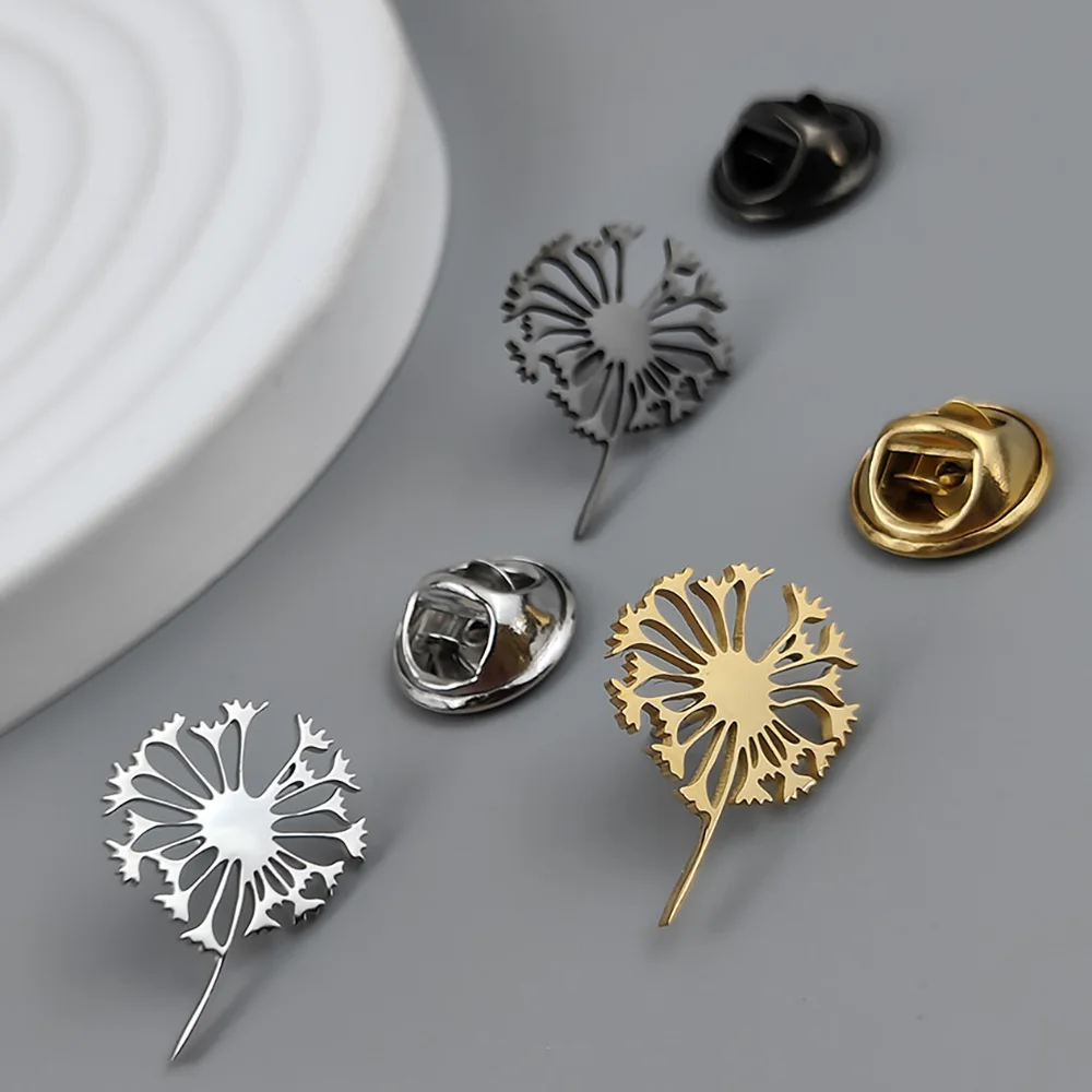 Dandelion gold-plated stainless steel badge, suit collar brooch, silver black lapel pin, men's dress accessories