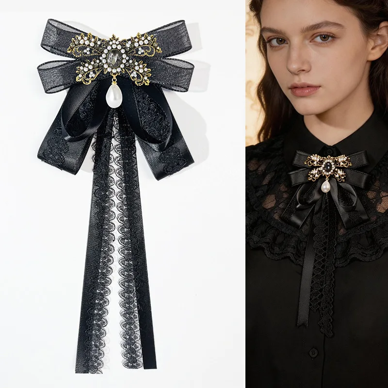 College Style Rhinestone Pearl Lace Ribbon Luxury Bow Tie Brooch Banquet Party Daily Dress Shirt Matching Handmade Gift Jewelry