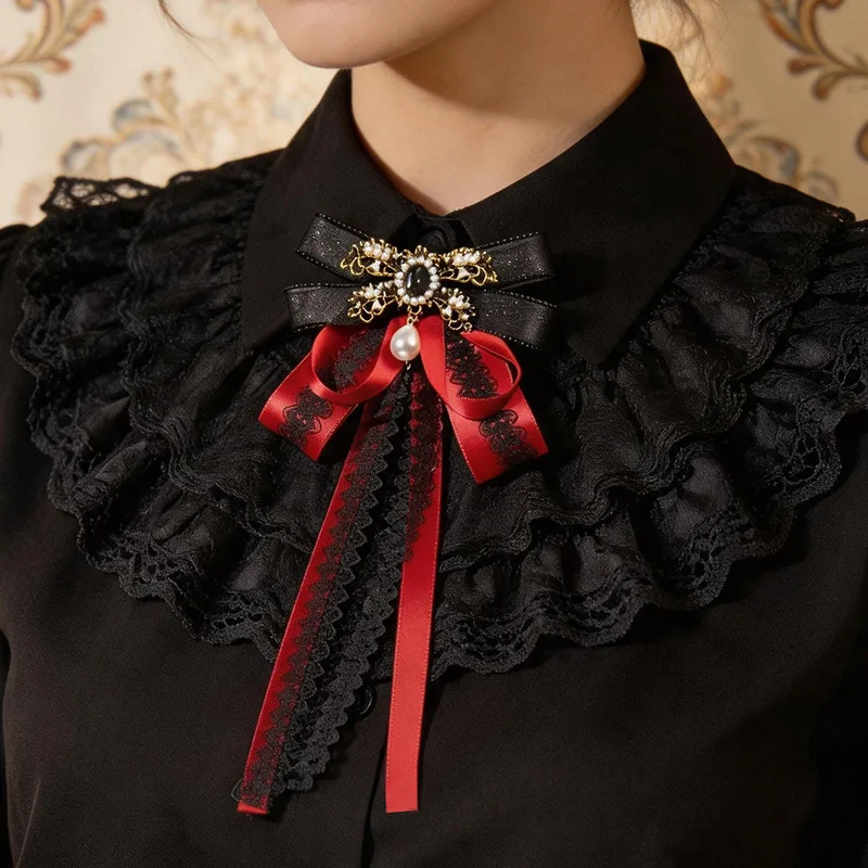 College Style Rhinestone Pearl Lace Ribbon Luxury Bow Tie Brooch Banquet Party Daily Dress Shirt Matching Handmade Gift Jewelry