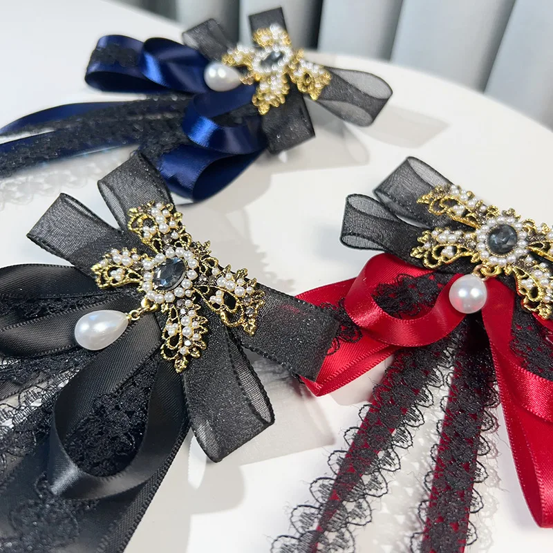 College Style Rhinestone Pearl Lace Ribbon Luxury Bow Tie Brooch Banquet Party Daily Dress Shirt Matching Handmade Gift Jewelry