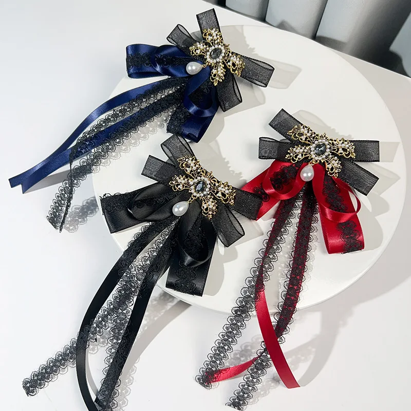 College Style Rhinestone Pearl Lace Ribbon Luxury Bow Tie Brooch Banquet Party Daily Dress Shirt Matching Handmade Gift Jewelry