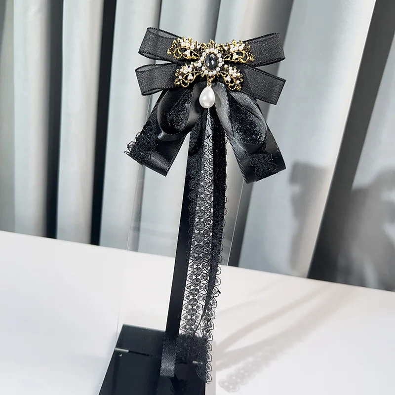 College Style Rhinestone Pearl Lace Ribbon Luxury Bow Tie Brooch Banquet Party Daily Dress Shirt Matching Handmade Gift Jewelry