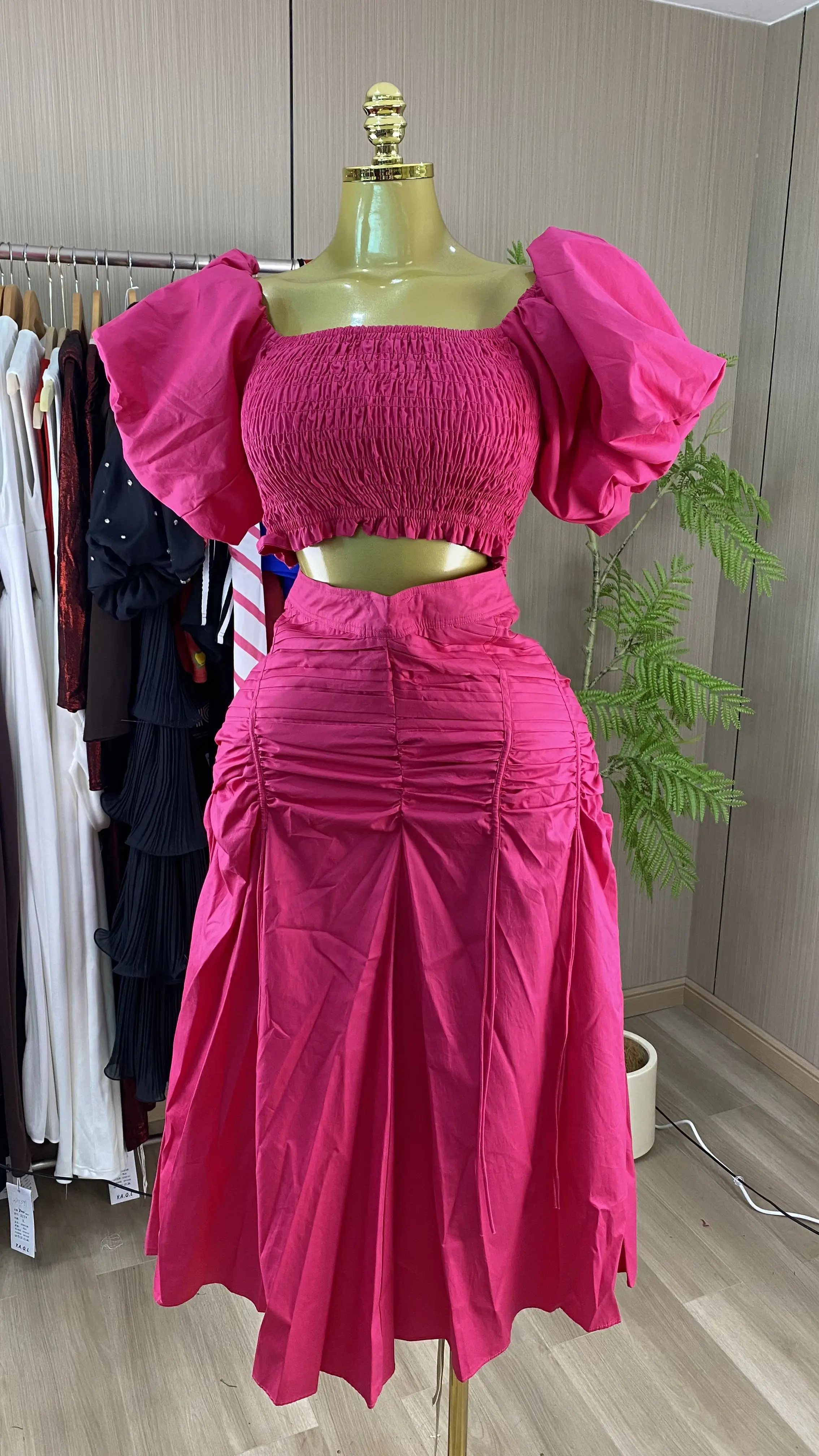 Spring/Summer 2026 New Casual Set: Wide-Neck Puff-Sleeve Top & Drawstring Pleated Skirt-GZXX920