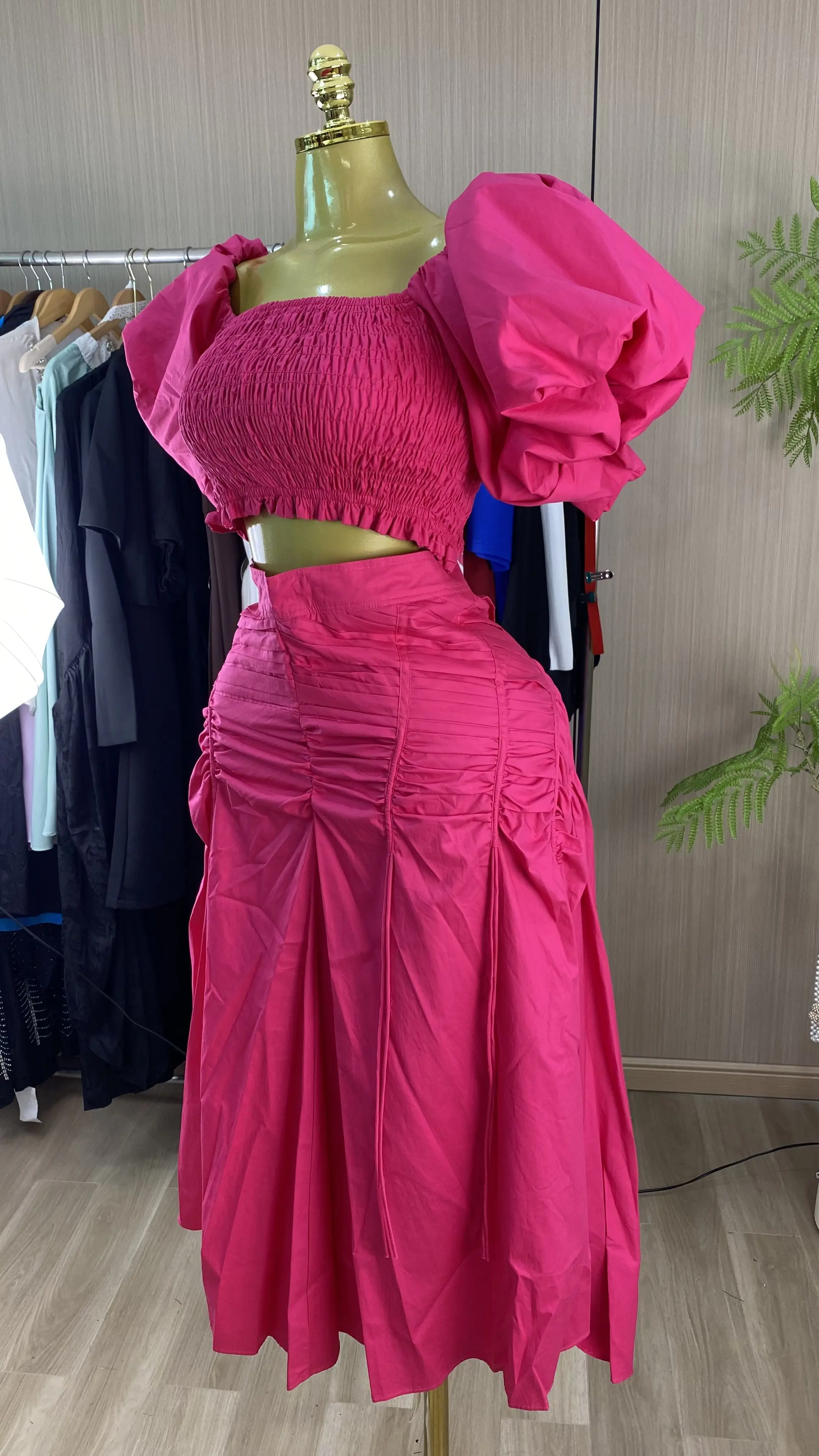 Spring/Summer 2026 New Casual Set: Wide-Neck Puff-Sleeve Top & Drawstring Pleated Skirt-GZXX920