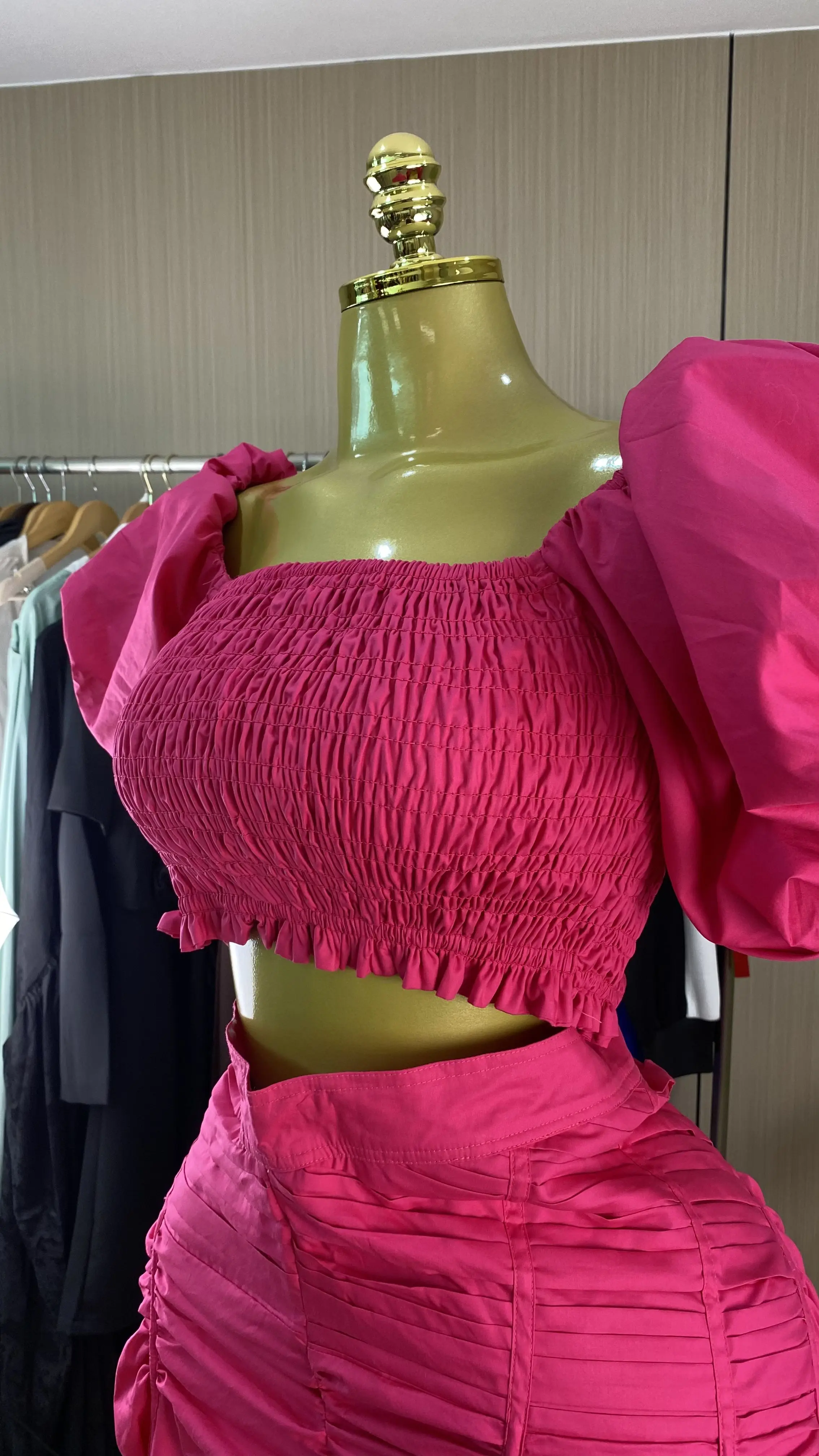 Spring/Summer 2026 New Casual Set: Wide-Neck Puff-Sleeve Top & Drawstring Pleated Skirt-GZXX920