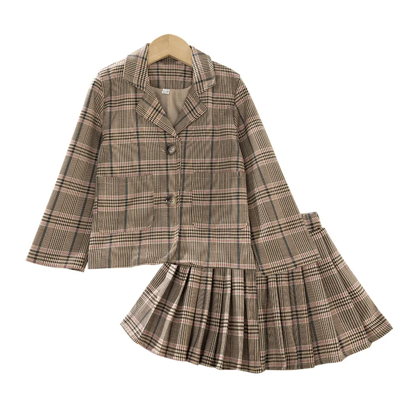 Fashion Wedding Kids Suit for Girls Formal Pant Suits for Teenager 2PCS Blazer Set Brand Plaid Children Wedding Jacket Skirt Set