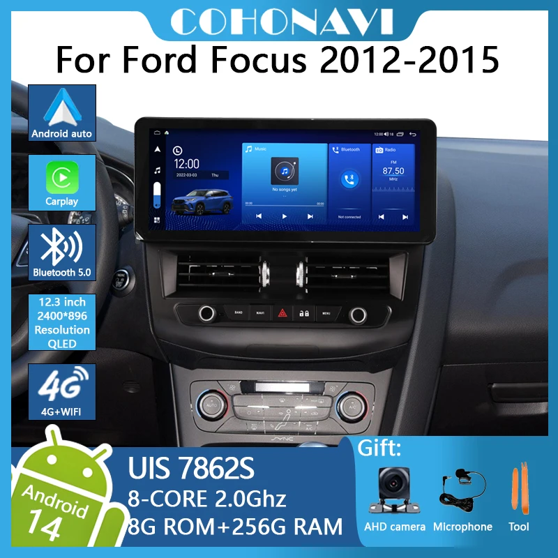 12.3Inch For Ford Focus 2012-2015 2400*896 Car Multimedia Player 7862s Gps Android14 8-Core 8+256 Carplay 4G+WIFI