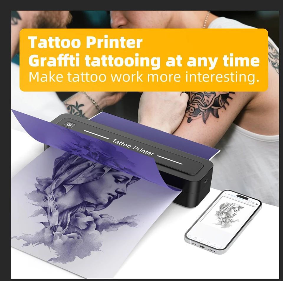 Wireless Tattoo Stencil Printer, Thermal Transfer Machine with Bluetooth for iOS/Android, High Definition Custom Stencil Maker