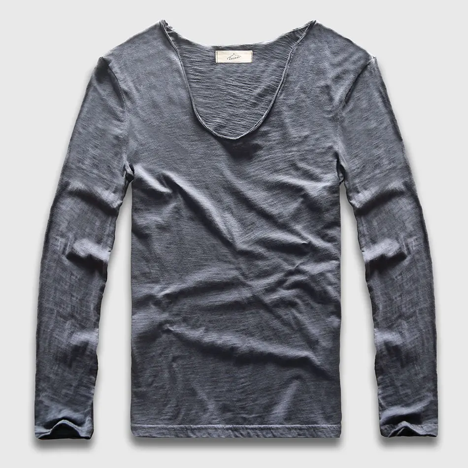 Zecmos Long Sleeve Men T-Shirt V Neck Male T Shirt Cotton Fashion Top Tees Slim Fit
