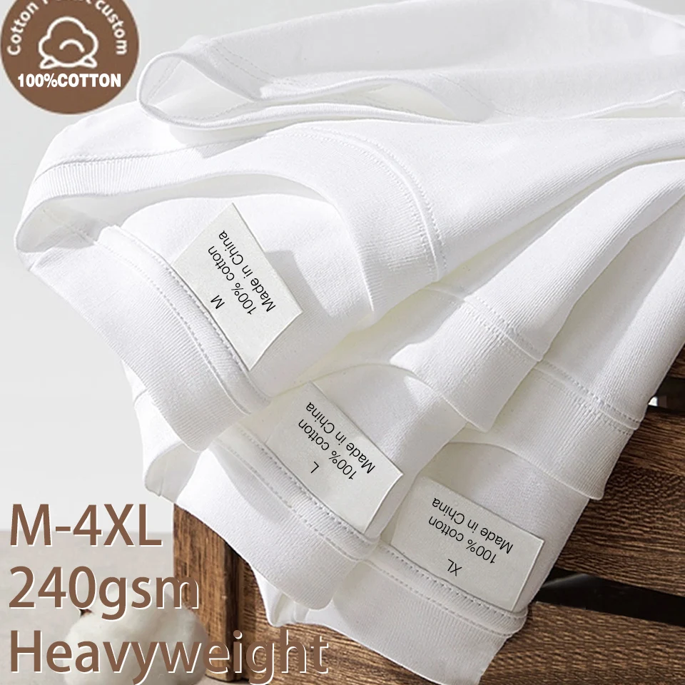 220gsm Heavy Plus Size Plain T-Shirt for Men Summer Quality Short Sleeve Tee Cotton Solid Color Trendy Casual White Black Top