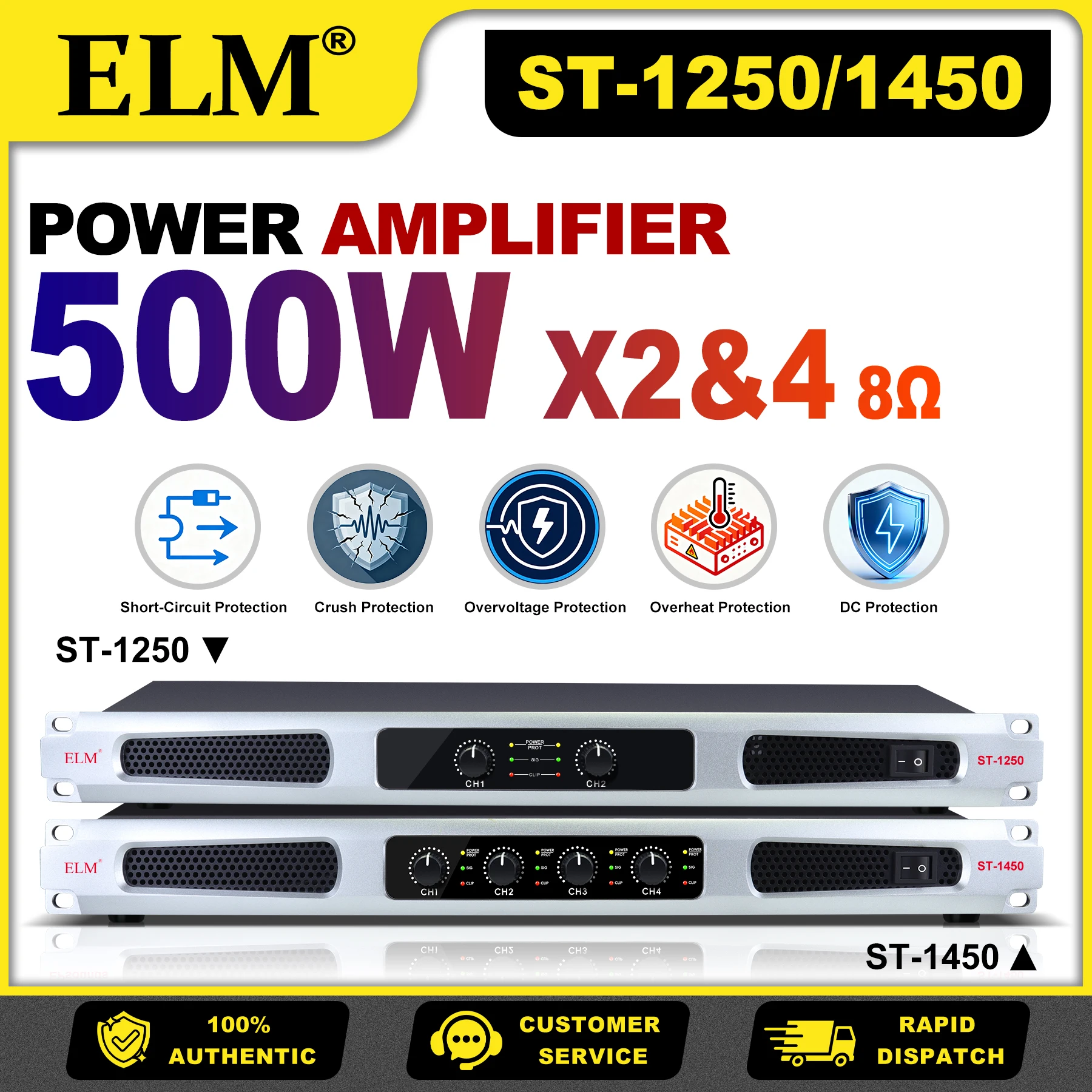 Professional Power Amplifier ST-1250 ST-1450 500W*2/4 Channel Stereo Audio Amplifier 8Ω THD 0.005% for KTV Stage Home Theater
