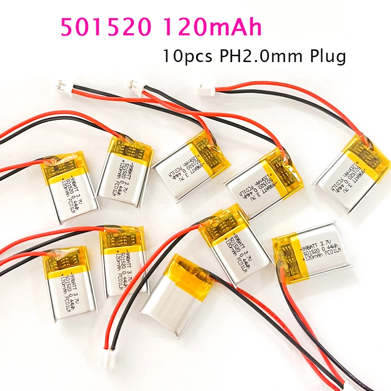 10pcs 501520 120mAh Battery 3.7V Polymer Lithium LiPo Rechargeable Battery for Bluetooth Headset Speaker GPS MP3 Selfie Stick