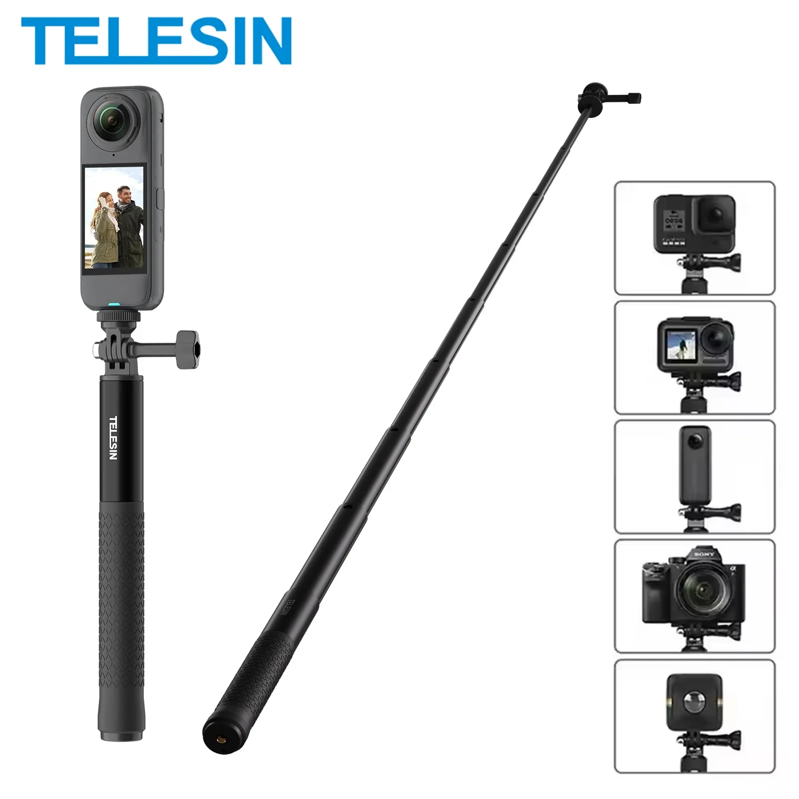 TELESIN Aluminum Selfie Stick Tripod Mount Light Weight Monopod for GoPro Hero 13 12 11 Insta360 X5 DJI Action 6 5pro 4 Camera