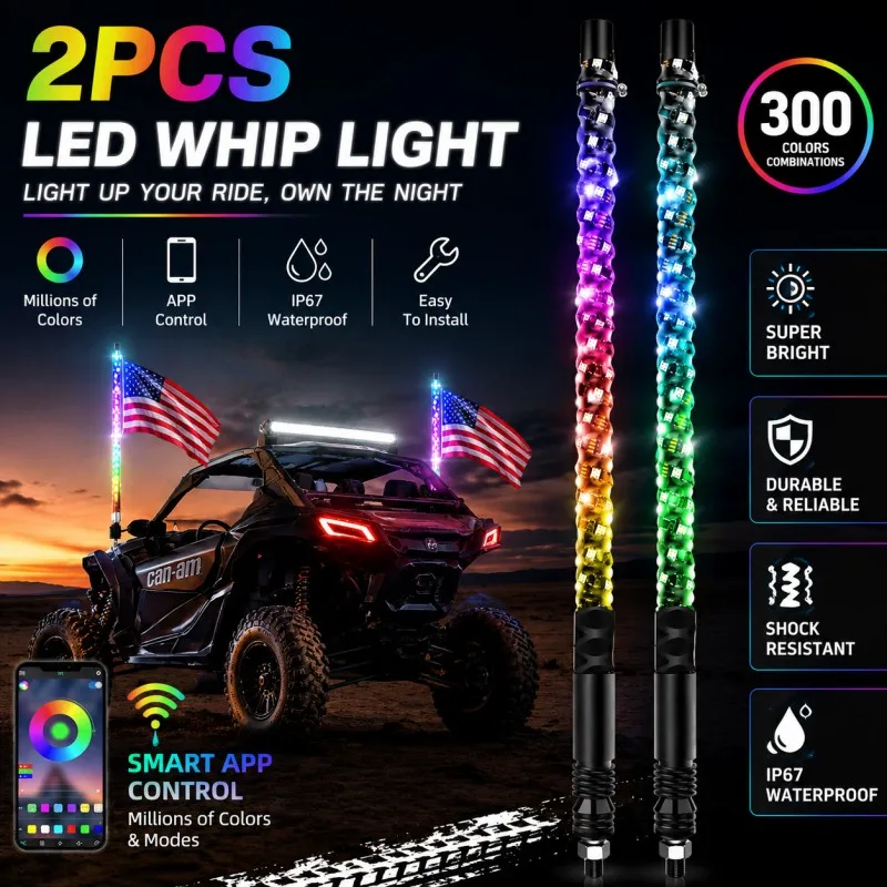 2PCS RGB LED Flag Pole Whip Lights APP Control Bluetooth Remote Music Sync Running Chasing Lights for ATV UTV Off Road Vehicle