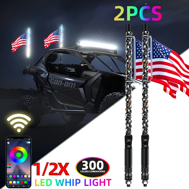 2PCS RGB LED Flag Pole Whip Lights APP Control Bluetooth Remote Music Sync Running Chasing Lights for ATV UTV Off Road Vehicle
