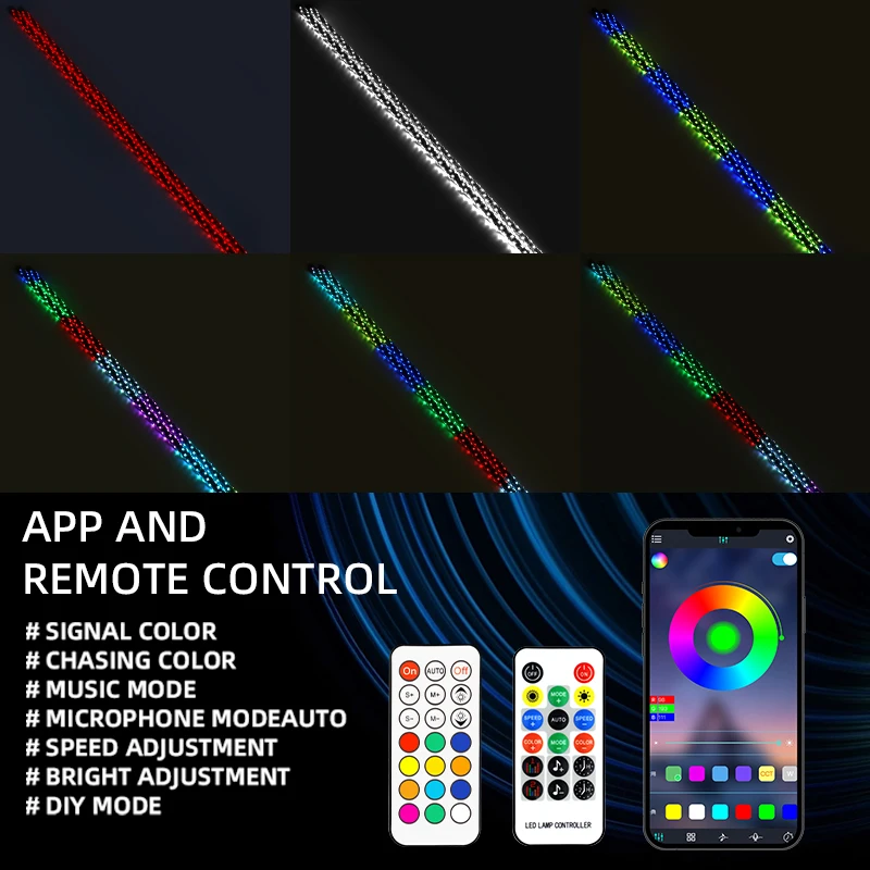 2PCS RGB LED Flag Pole Whip Lights APP Control Bluetooth Remote Music Sync Running Chasing Lights for ATV UTV Off Road Vehicle