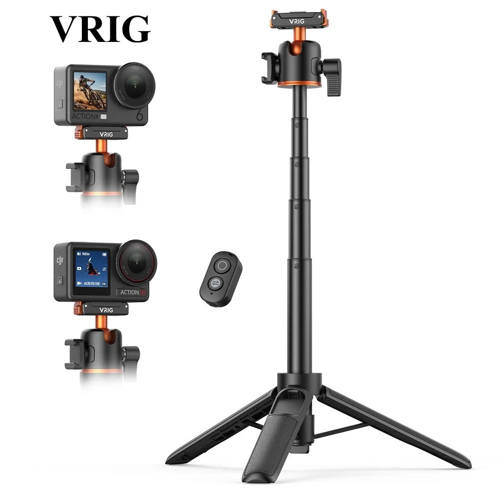 VRIG AC-90S Magnetic Tripod Quick Release Selfie Stick for DJI Action 6/5 Pro Handheld Pole w Bluetooth Remote+Coldshoe+Ballhead