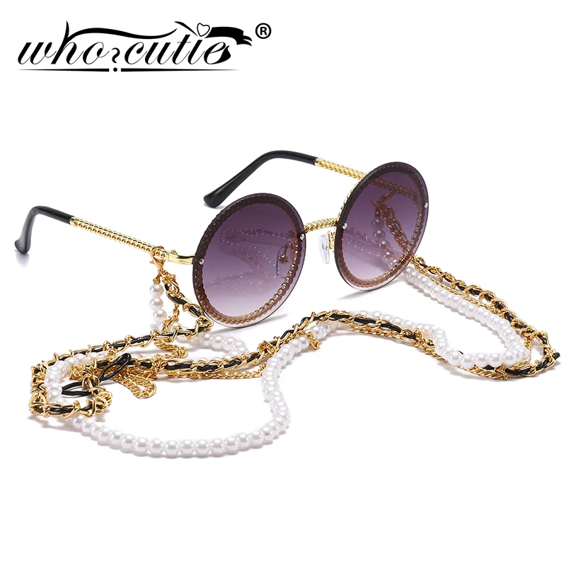 Vintage Round Sunglasses Women with Pearl Chain Accessory 2025 Luxury Brand Design Retro Gold Frame Sun Glasses Female Shades