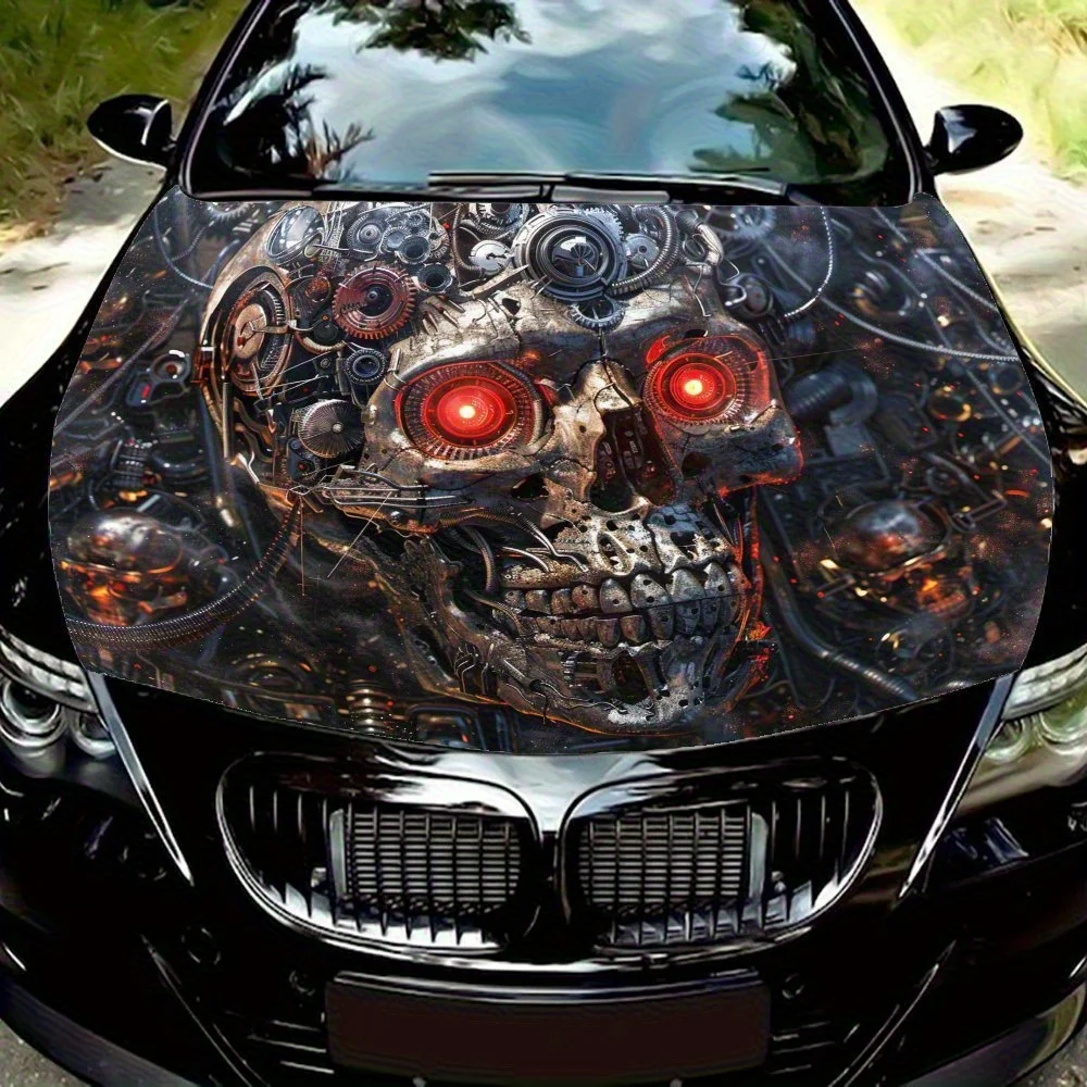 Mechanical Red-Eyed Skeleton Car Hood Decal, Durable PVC Vinyl Wrap For Most Vehicles, Engine Cover Protective Film, Realistic P