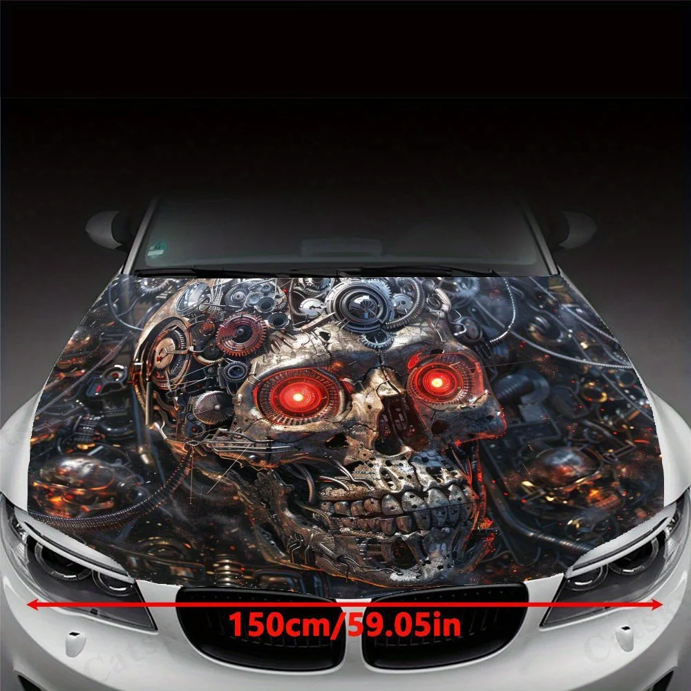 Mechanical Red-Eyed Skeleton Car Hood Decal, Durable PVC Vinyl Wrap For Most Vehicles, Engine Cover Protective Film, Realistic P