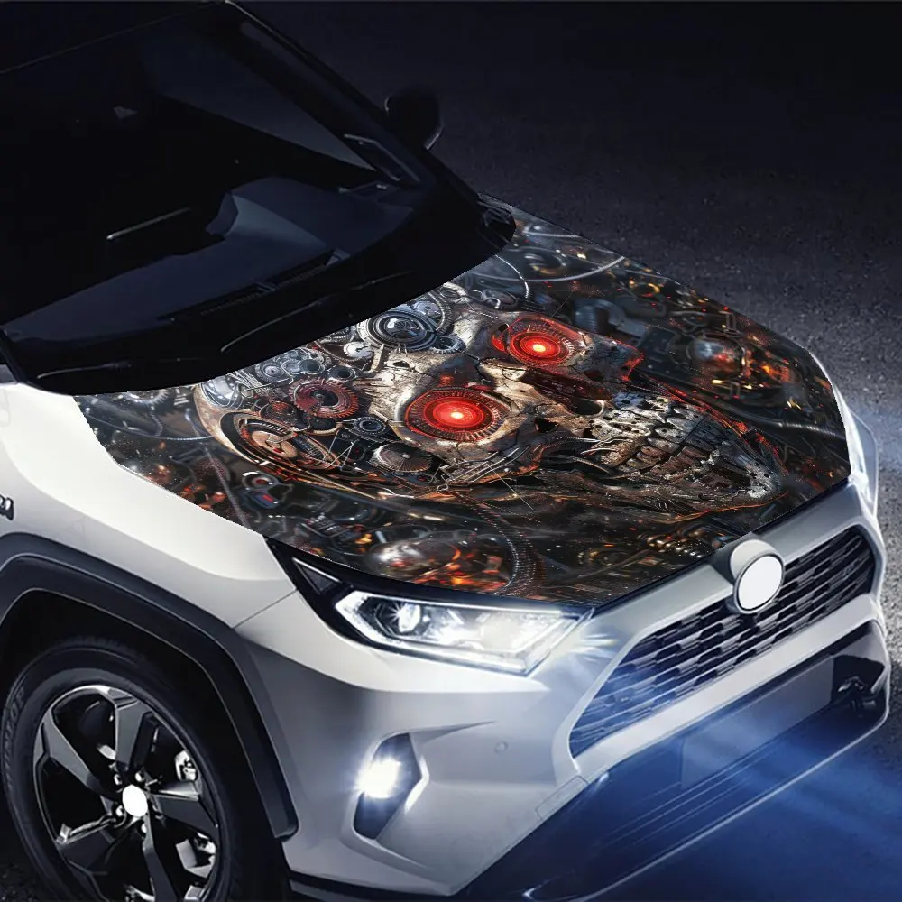 Mechanical Red-Eyed Skeleton Car Hood Decal, Durable PVC Vinyl Wrap For Most Vehicles, Engine Cover Protective Film, Realistic P