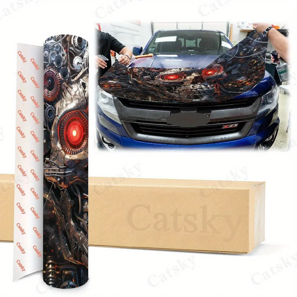 Mechanical Red-Eyed Skeleton Car Hood Decal, Durable PVC Vinyl Wrap For Most Vehicles, Engine Cover Protective Film, Realistic P