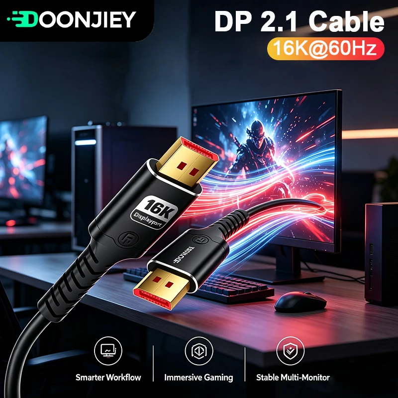 DOONJIEY 16K DisplayPort 2.1 Cable DP Male to Male Silicone Cable 80Gbps UHD Ultra HD Video Audio Cord for Laptop Gaming Monitor