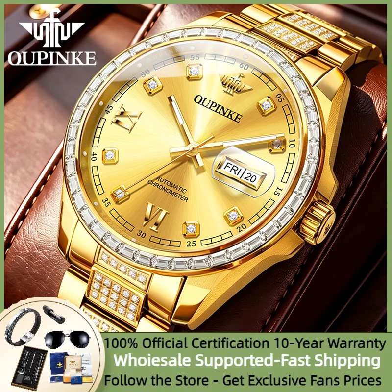 OUPINKE Automatic Mechanical Watches For Men Luxury Full Diamond Watch 50M Waterproof Luminous Diving Man Wristwatch 3328